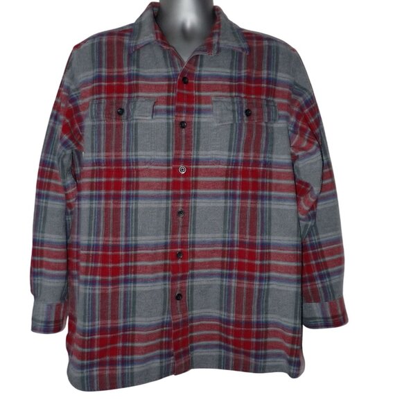 LL Bean Mens Vintage‎ Button Front Flannel Shirt Red Gray Plaid Size L Shacket - Picture 1 of 5